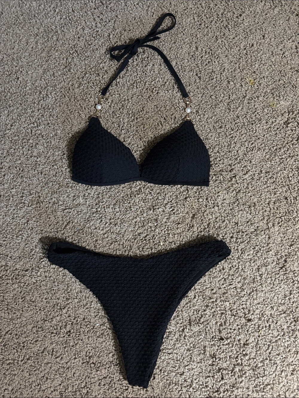 Black Textured Halter Bikini Set with Pearl Accents - Women Swim